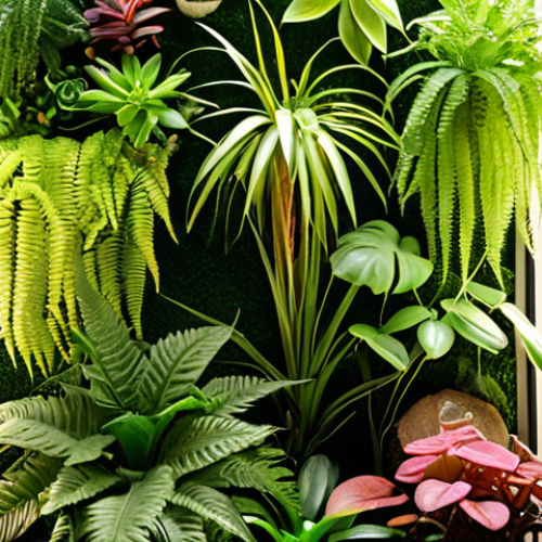 Home 16 A vibrant, lush indoor vertical garden bathed in a mix of soft natural light and subtle, strategically placed LED grow lights. The plants, including diverse ferns, peperomias, and some smaller succulents, display rich, healthy green and colorful foliage. The overall impression is one of dynamic vitality, where light plays a crucial role in the plants' flourishing health and brilliant colors.