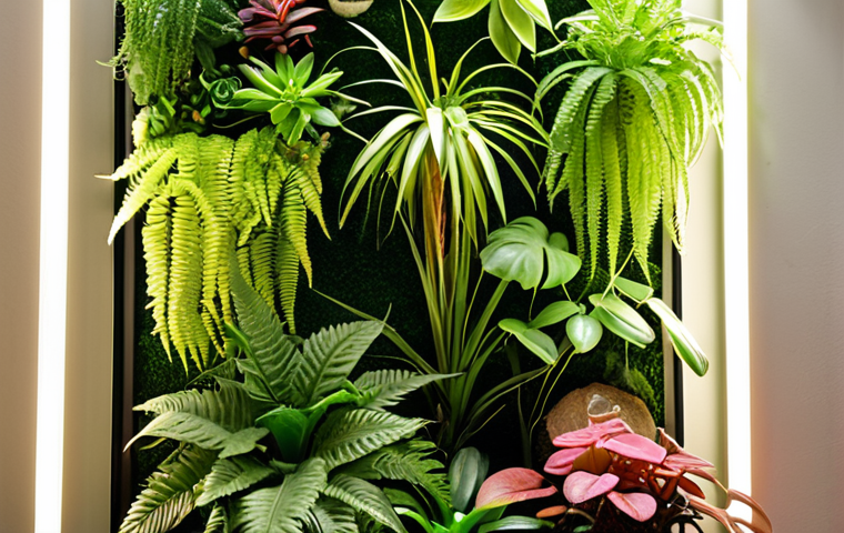 A vibrant, lush indoor vertical garden bathed in a mix of soft natural light and subtle, strategically placed LED grow lights. The plants, including diverse ferns, peperomias, and some smaller succulents, display rich, healthy green and colorful foliage. The overall impression is one of dynamic vitality, where light plays a crucial role in the plants' flourishing health and brilliant colors.