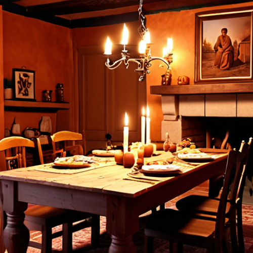 Home 8 **Warm Dining Room:** A cozy dining room with terracotta walls, illuminated by candlelight and a fireplace. The scene evokes comfort and intimacy, perfect for gathering friends and family.