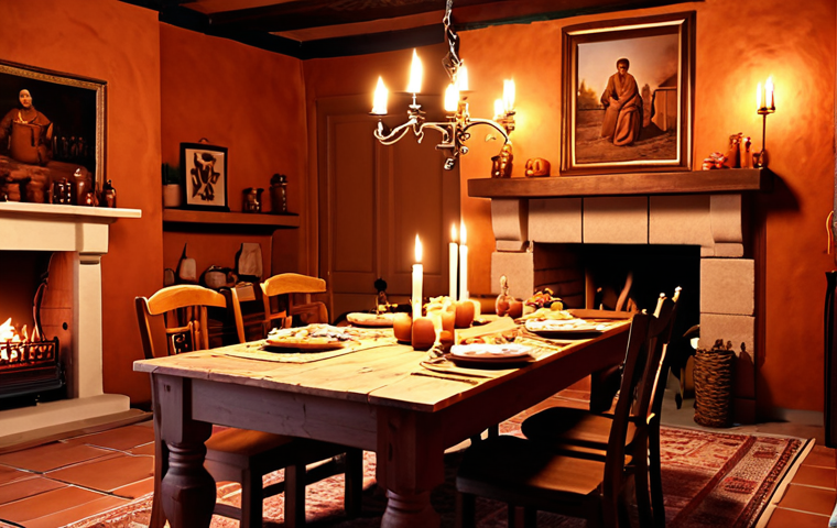 **Warm Dining Room:** A cozy dining room with terracotta walls, illuminated by candlelight and a fireplace. The scene evokes comfort and intimacy, perfect for gathering friends and family.