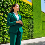 A female urban professional, fully clothed in a modest business blazer and trousers, standing serenely on a bustling city sidewalk in Lisbon, observing a magnificent, lush green living wall covering the side of a modern public building. The living wall is vibrant with diverse, healthy green plants, creating a striking contrast against the surrounding cityscape. Bright natural sunlight illuminates the scene, highlighting the fresh air and a sense of calm amidst urban activity. Professional photography, high detail, perfect anatomy, correct proportions, natural pose, well-formed hands, proper finger count, natural body proportions, appropriate attire, professional dress, safe for work, appropriate content, family-friendly.