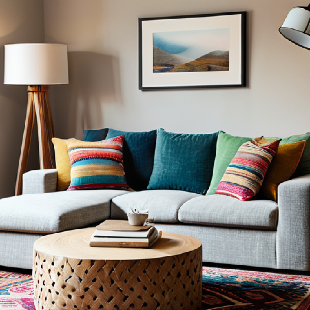 Cozy Living Room Corner**

A comfortable living room corner with a plush, textured sofa adorned with colorful cushions and a soft, woven blanket. A round wooden coffee table holds a stack of art books and a vase of fresh flowers. Warm, inviting lighting from a stylish floor lamp illuminates the scene. A patterned rug defines the space. safe for work, appropriate content, fully clothed (implied by setting), professional interior design, modest, perfect anatomy, natural proportions.

**
