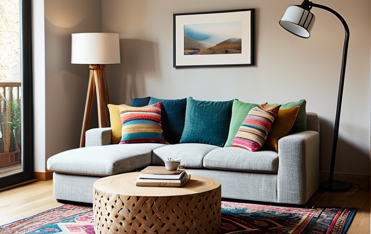 Cozy Living Room Corner**
A comfortable living room corner with a plush, textured sofa adorned with colorful cushions and a soft, woven blanket. A round wooden coffee table holds a stack of art books and a vase of fresh flowers. Warm, inviting lighting from a stylish floor lamp illuminates the scene. A patterned rug defines the space. safe for work, appropriate content, fully clothed (implied by setting), professional interior design, modest, perfect anatomy, natural proportions.
**