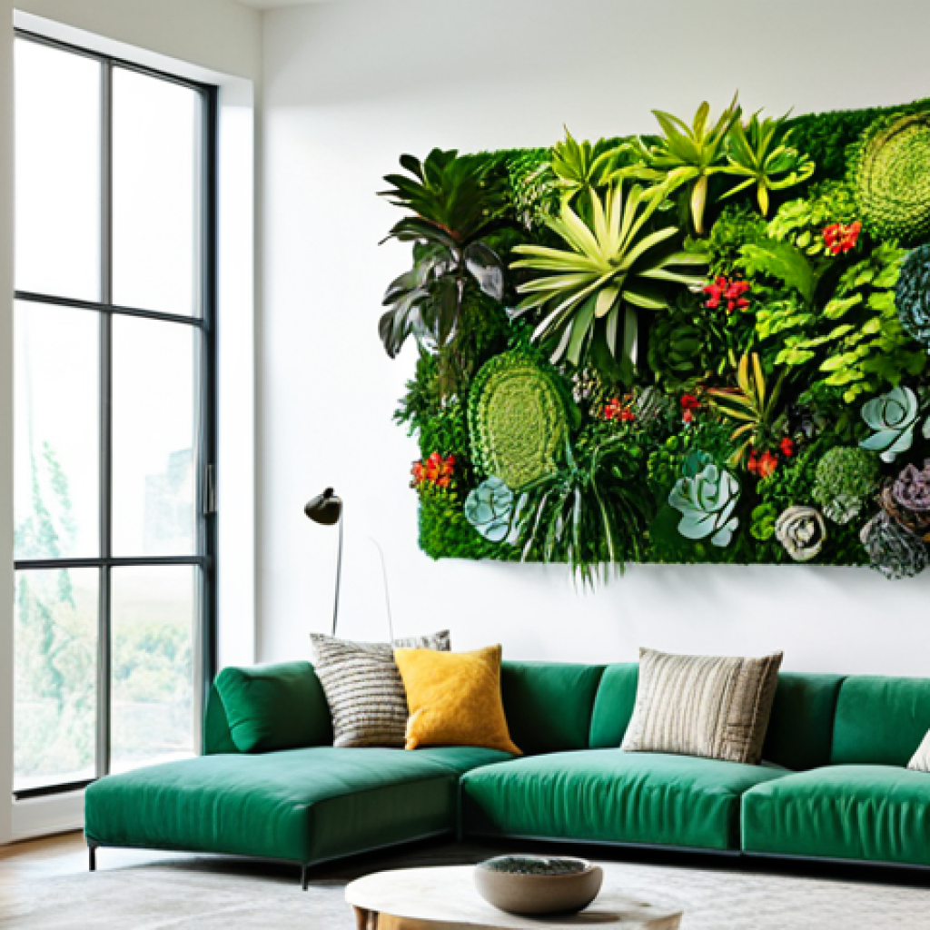 **
A vibrant living wall in a modern living room setting. The wall features a diverse selection of fully clothed peperomia, columnea, and succulents, creating a tapestry of green. Strategically placed spotlights illuminate the wall, highlighting textures and colors. A framed photograph of a lush landscape hangs nearby, complementing the natural theme. The overall aesthetic is professional, family-friendly, and safe for work, with perfect anatomy and natural proportions. Modest decor and appropriate content enhance the welcoming atmosphere.
**