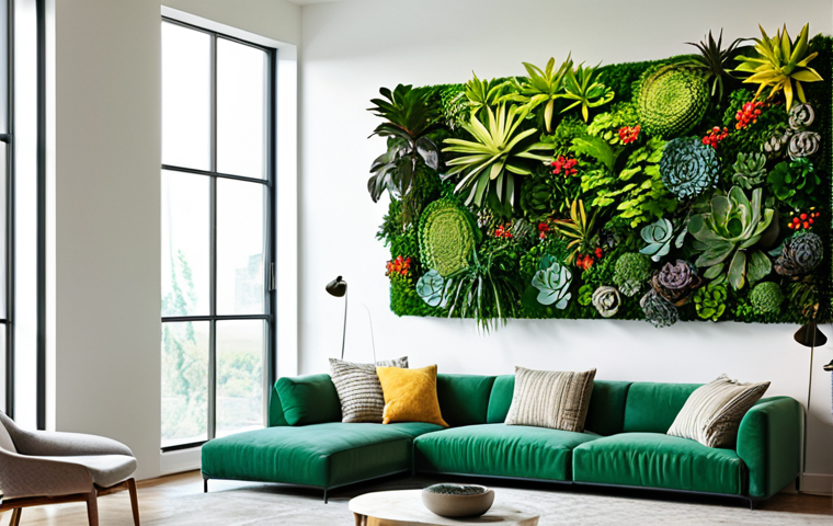 **

A vibrant living wall in a modern living room setting. The wall features a diverse selection of fully clothed peperomia, columnea, and succulents, creating a tapestry of green. Strategically placed spotlights illuminate the wall, highlighting textures and colors. A framed photograph of a lush landscape hangs nearby, complementing the natural theme. The overall aesthetic is professional, family-friendly, and safe for work, with perfect anatomy and natural proportions. Modest decor and appropriate content enhance the welcoming atmosphere.

**