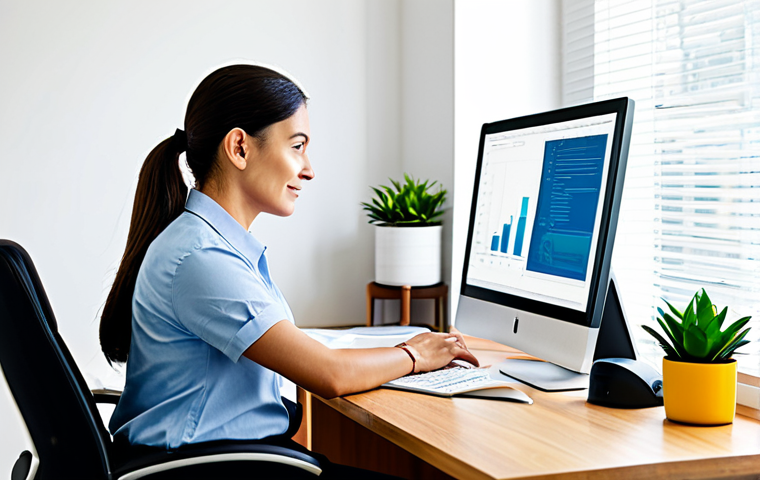 리빙월과 시각적 피로의 관계 - Ergonomic Workspace**
"A brightly lit home office featuring a woman working at a desk, fully clothe...