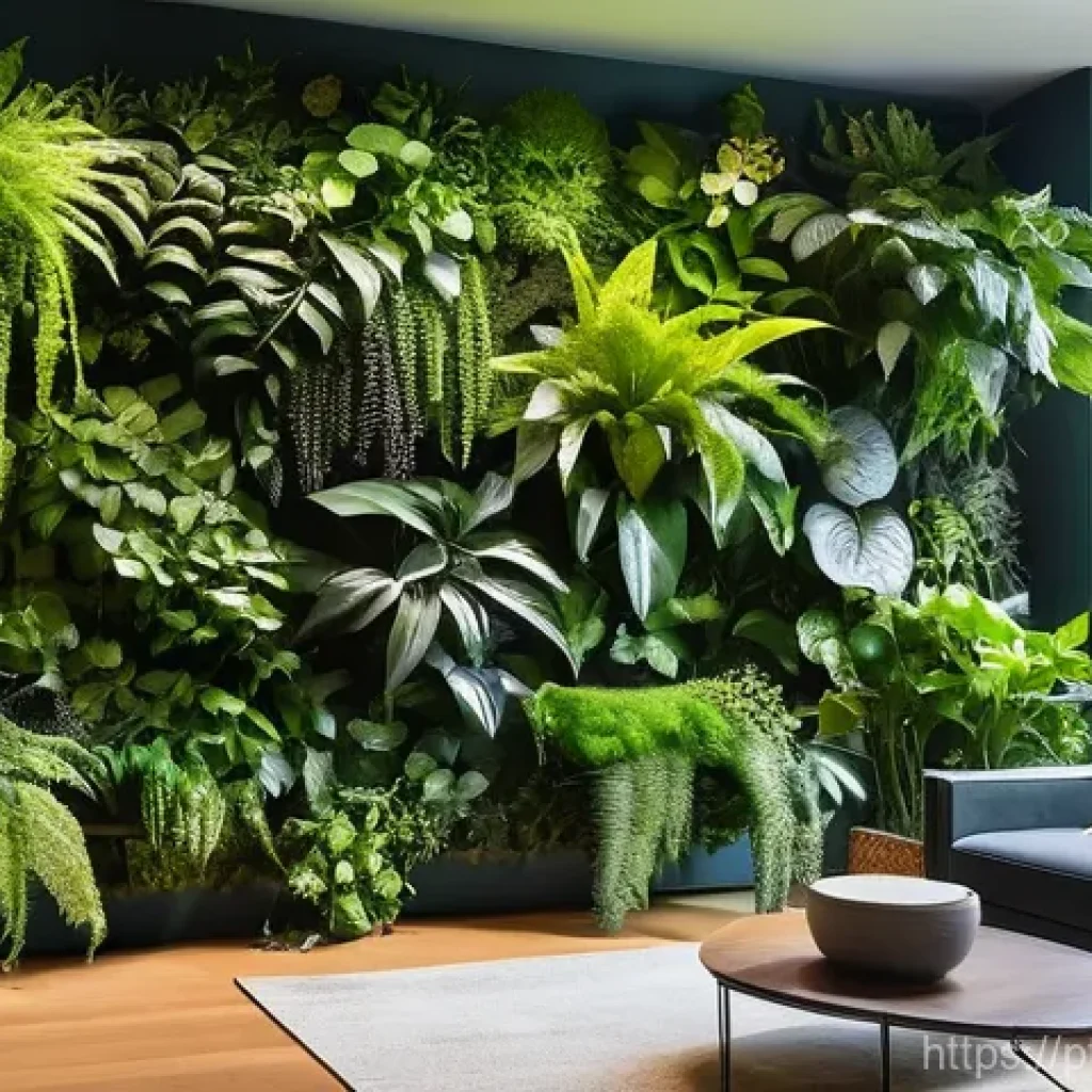 리빙월을 위한 직관적인 레이아웃 설계 - **Prompt:** A vibrant, lush indoor vertical garden spanning a contemporary living room wall. The gar...