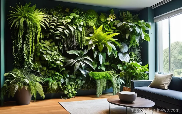리빙월을 위한 직관적인 레이아웃 설계 - **Prompt:** A vibrant, lush indoor vertical garden spanning a contemporary living room wall. The gar...