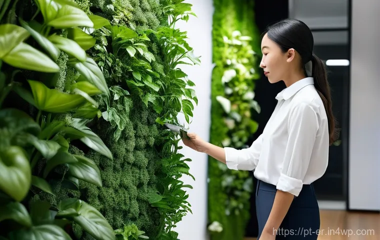 리빙월을 위한 직관적인 레이아웃 설계 - **Prompt:** A vibrant, lush indoor vertical garden spanning a contemporary living room wall. The gar...