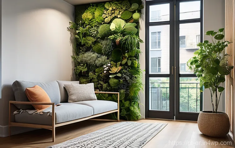 리빙월을 위한 직관적인 레이아웃 설계 - **Prompt:** A modern, well-maintained vertical garden integrated into an interior office space, feat...
