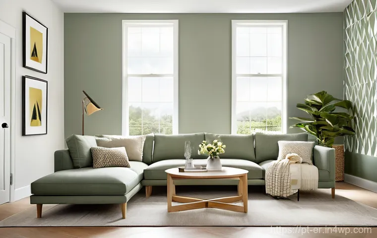 리빙월을 위한 벽면 페인팅 팁 - A contemporary and inviting living room featuring a statement geometric accent wall. The wall is pai...
