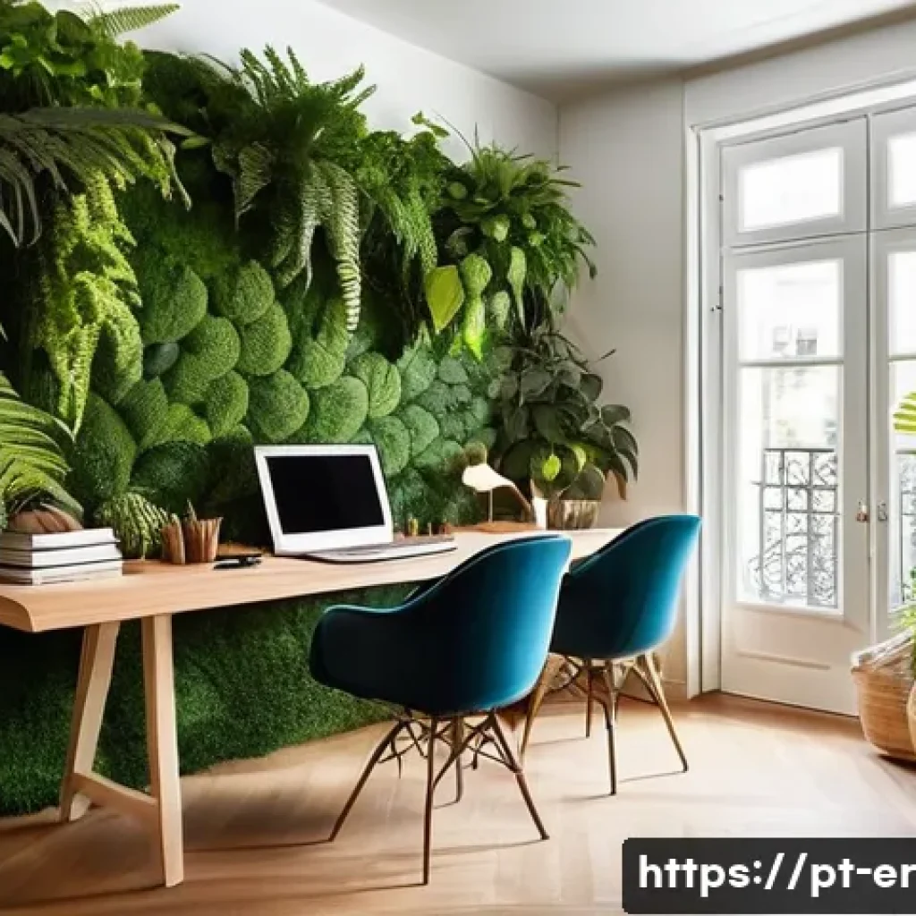 리빙월과 방음 효과 분석 - **Prompt 1: Serene Home Office with Acoustic Vertical Garden**
    "A cozy, sun-drenched home office...