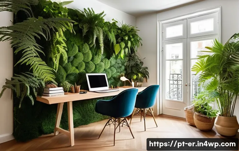 리빙월과 방음 효과 분석 - **Prompt 1: Serene Home Office with Acoustic Vertical Garden**
"A cozy, sun-drenched home office...