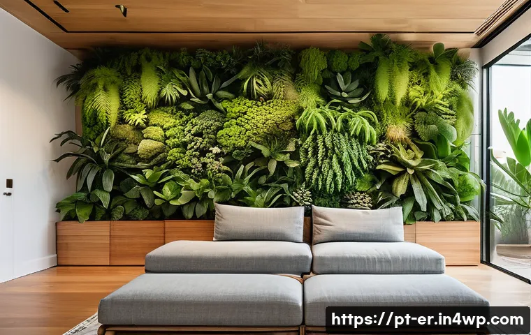 리빙월을 위한 적합한 재료 선택하기 - A modern indoor living wall installation in a bright Brazilian apartment, featuring a lush combinati...