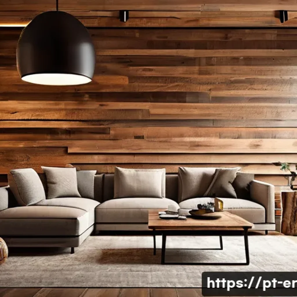 리빙월을 위한 천연 재료 사용법 - A cozy modern living room interior featuring a natural wall composed of reforested wood panels with ...