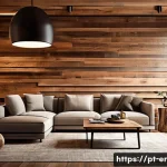 Home 22 리빙월을 위한 천연 재료 사용법 - A cozy modern living room interior featuring a natural wall composed of reforested wood panels with ...