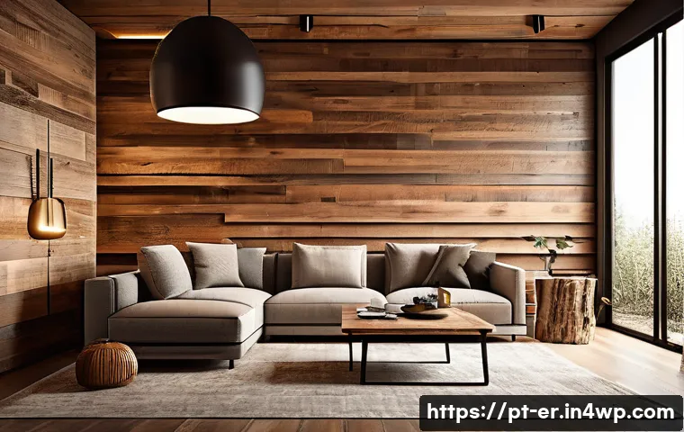 리빙월을 위한 천연 재료 사용법 - A cozy modern living room interior featuring a natural wall composed of reforested wood panels with ...