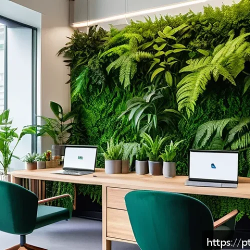 Home 33 리빙월과 기업 환경의 변화 - A modern corporate office interior featuring a large vibrant living wall covered with lush green pla...