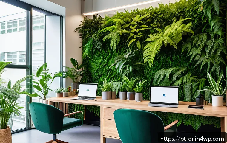 리빙월과 기업 환경의 변화 - A modern corporate office interior featuring a large vibrant living wall covered with lush green pla...