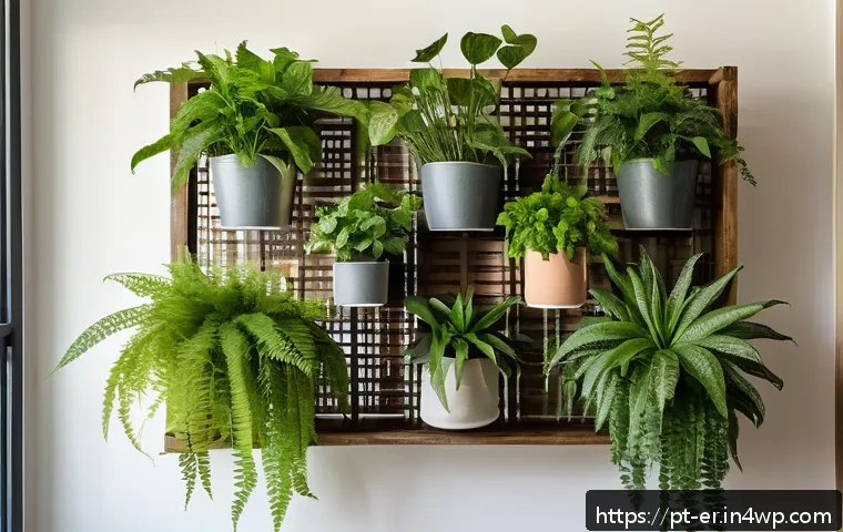 DIY 리빙월 만드는 방법 - A cozy indoor vertical garden in a modern Brazilian apartment living room, featuring a variety of pl...