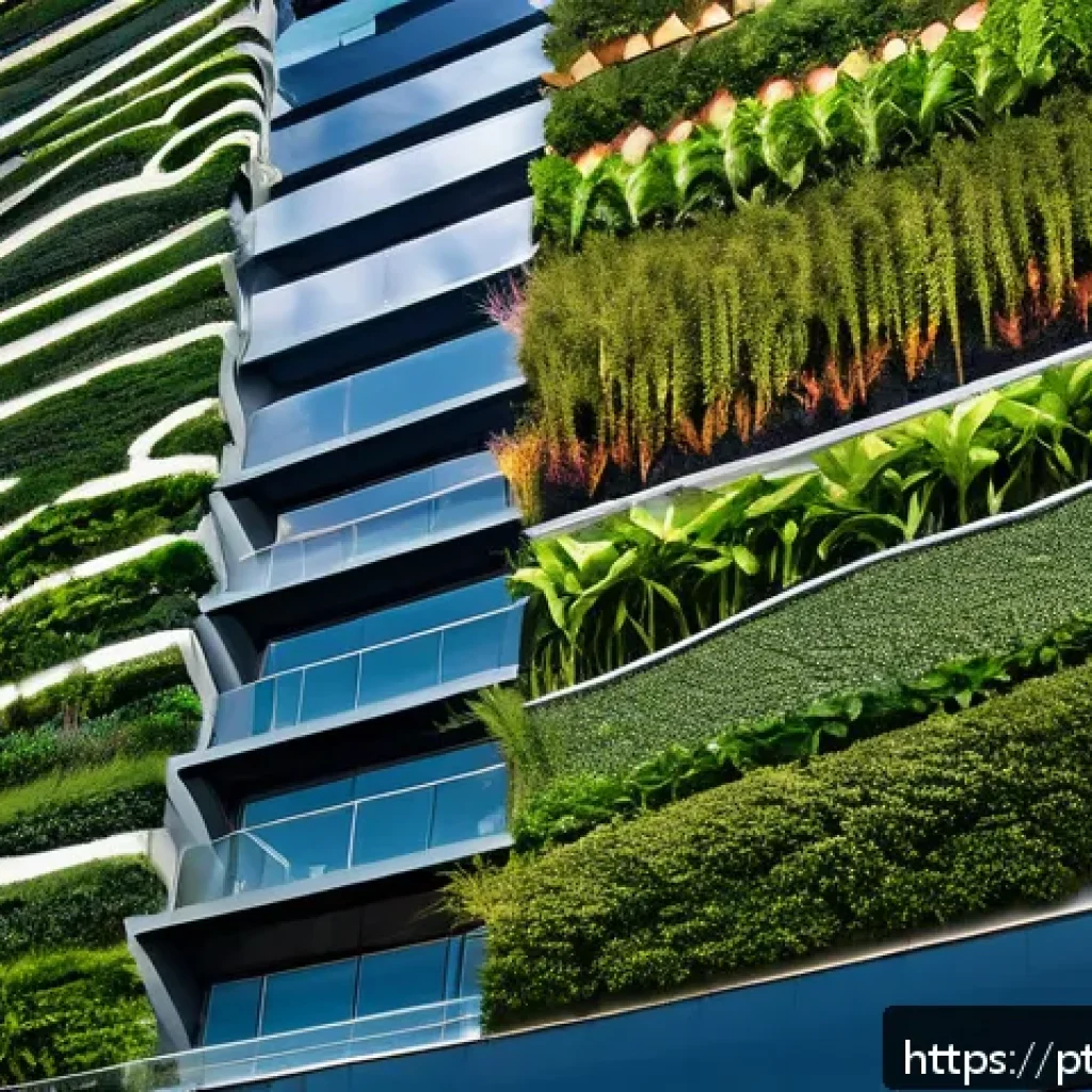리빙월의 지속 가능성에 대한 고찰 - A modern commercial building facade in São Paulo featuring a large, vibrant living wall covering mul...