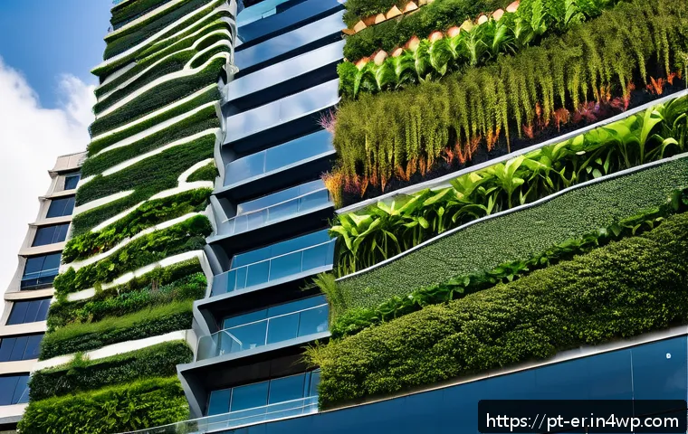 리빙월의 지속 가능성에 대한 고찰 - A modern commercial building facade in São Paulo featuring a large, vibrant living wall covering mul...