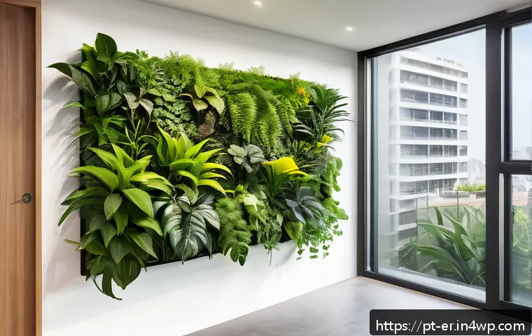 리빙월 만들기에 필요한 도구 목록 - A modern indoor living wall installation in a bright Brazilian apartment, featuring modular plastic ...