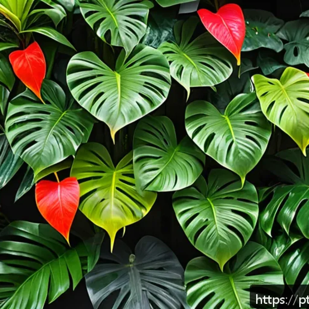 리빙월과 개인적 표현의 자유 - A vibrant tropical vertical garden wall featuring lush foliage of Monstera deliciosa (costela-de-adã...