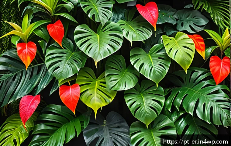 리빙월과 개인적 표현의 자유 - A vibrant tropical vertical garden wall featuring lush foliage of Monstera deliciosa (costela-de-adã...