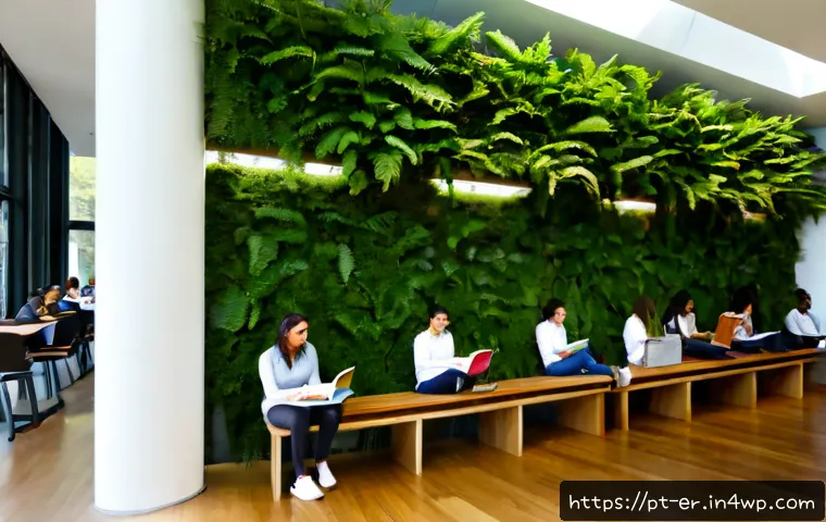 Home 17 리빙월과 공공 공간의 융합 - Photorealistic modern public library in Lisbon, Portugal, featuring a tall living wall of lush ferns...