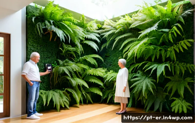 Home 17 리빙월과 상호 작용 디자인 - Photorealistic modern Lisbon apartment lobby featuring an interactive living wall of lush ferns, mos...